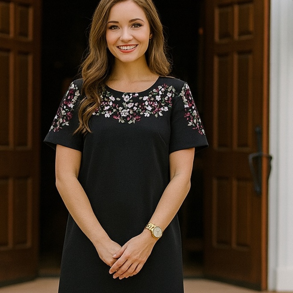 Calvin Klein  Black Cocktail Shift Dress Embroidered